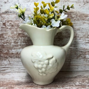 Vintage White Pitcher Vase, Ceramic Pitcher With Scalloped Rim, Embossed Grape Cluster, Victorian Pitcher