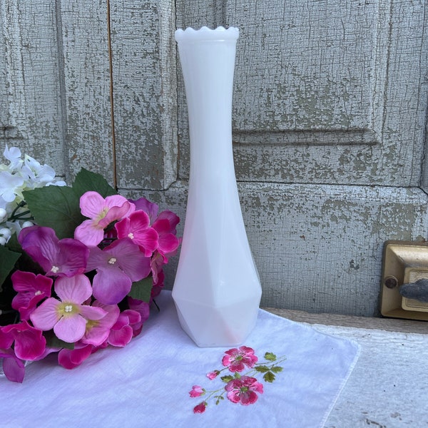 Vintage White Milk Glass Tall Vase, Hexagon, Scalloped Edge, Farmhouse Decor, Gift for Her