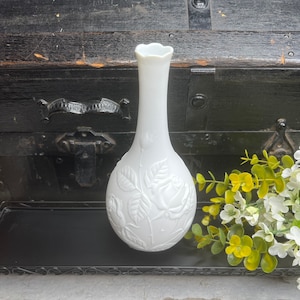 Vintage White Vase, AK Kaiser Vase, White Bisque Porcelain Bud Vase, Vintage Vase with Embossed Roses