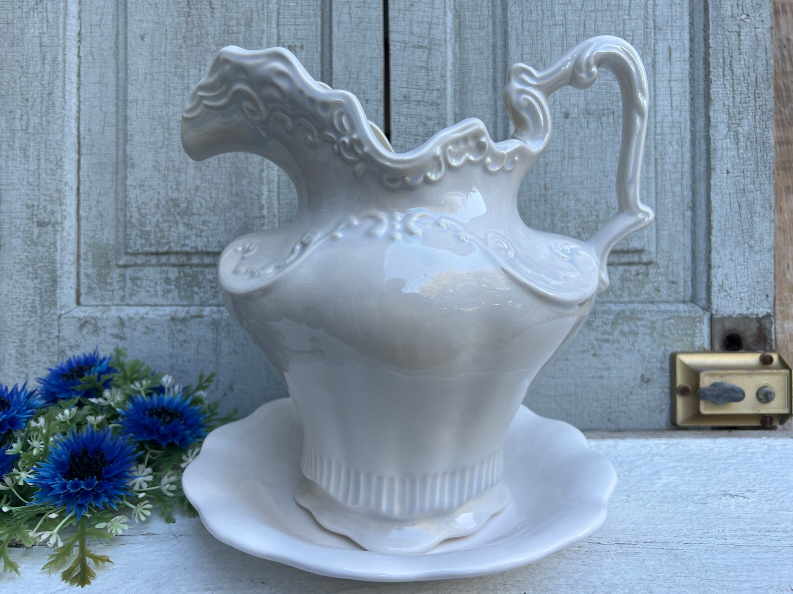 Ceramic Chamber Pot and Wash Basin Large White Pitcher Blue Etsy