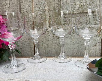 VINTAGE geëtst WIJNGLAS, wijnglazen met bloemen en wijnstokken, verkocht per paar, retro bar, roosteren bruidsfeest, ca. jaren 1950