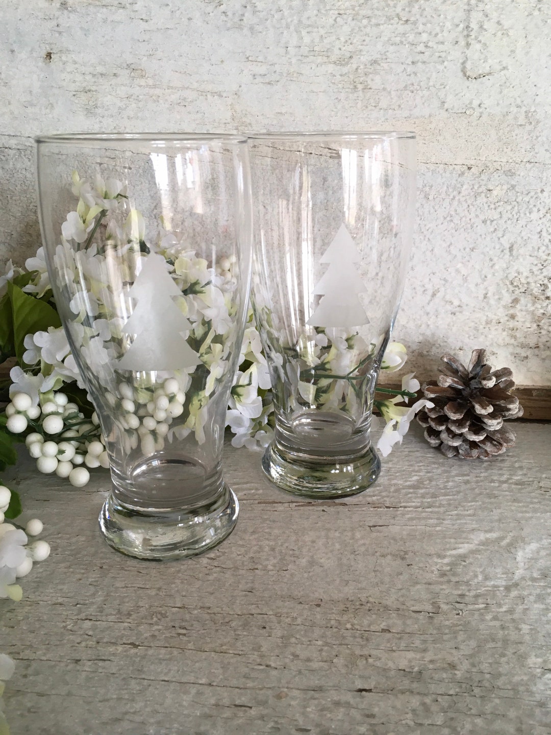 Vintage Holiday Beer Glass Christmas Tree Etched Glass Etsy