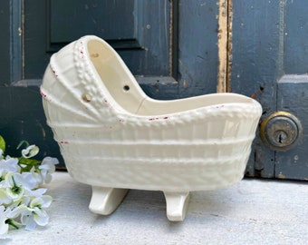 Vintage Shabby Chic Ceramic Planter, BABY PLANTER, Bassinet, Baby Vase, White Ceramic Planter, Vintage Nursery, Red Nursery