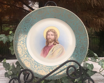Vintage Jesus Plate, Mid Century Christian Decor, Gold Rim