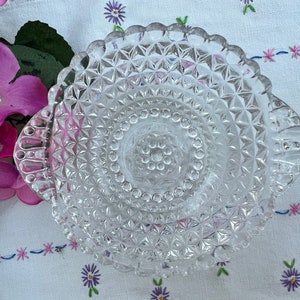 VINTAGE Hobnail Glass Dish, Round Edge Glass Dish, Diamond Point Cut Glass Bowl with Handles, Collectible Bubble Glass