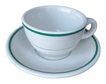 VINTAGE RESTAURANT WARE Coffee Cup,Wellsville China, Cup and Saucer, C & S, Ohio, Buffalo China White and Green Stripe, Price is for One Set