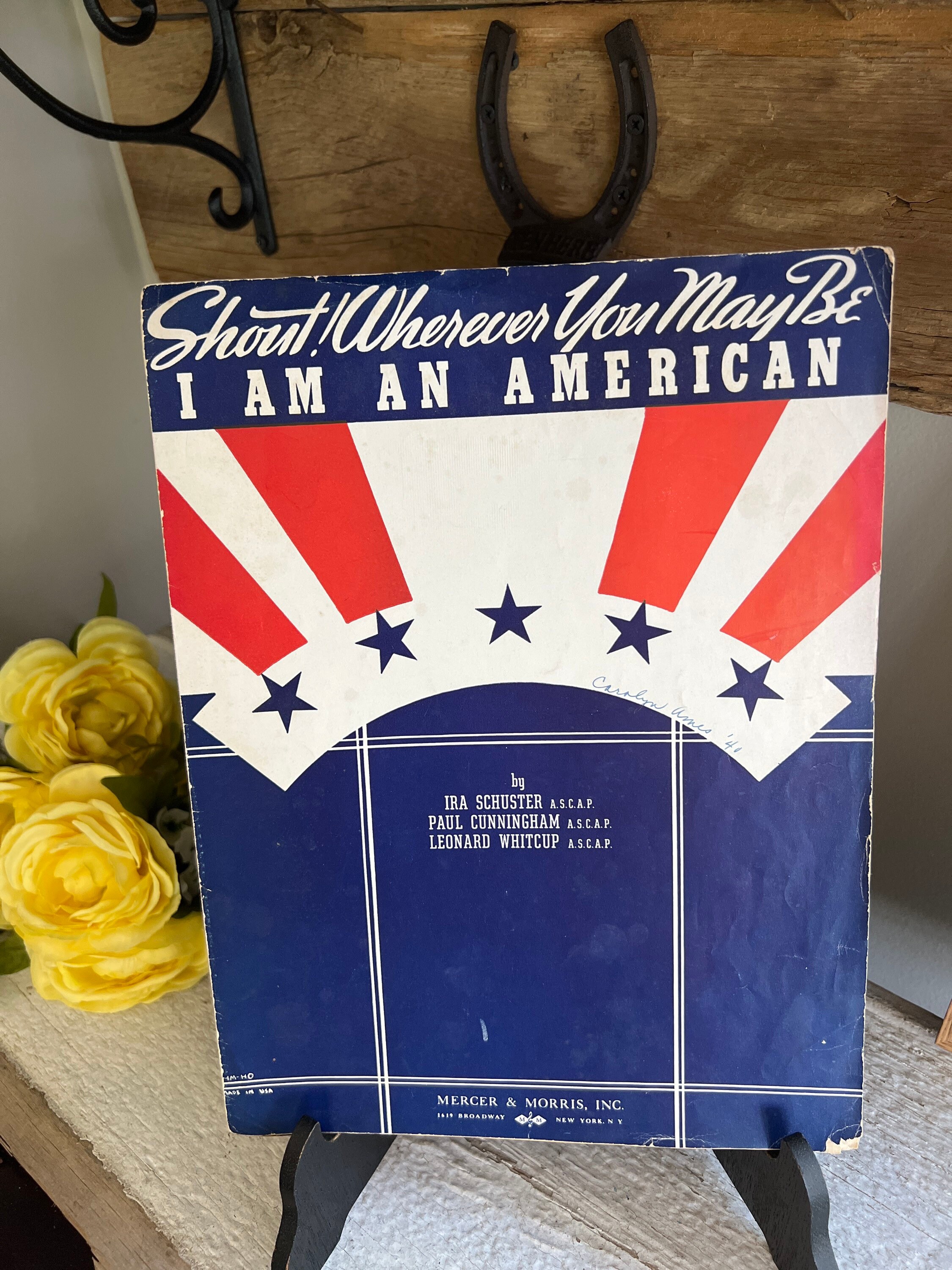 VINTAGE ART, Sheet Music I Am An American 1940s Retro Poster, 1940s Music, Patriotic Poster, Shout, Wherever You May Be