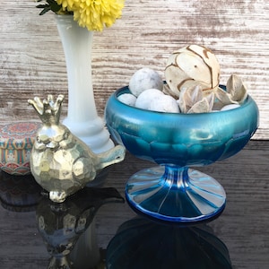 Vintage Blue Compote With Pedestal, Frosted Blue Ribbed Glass, Blue Candy Dish, Mid Century Glass Collectible, Blue Glass Centerpiece