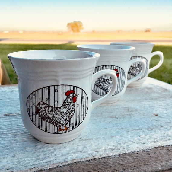 Vintage White Coffee Cups, White Mugs, Chicken Mug, Chicken Coffee Cup.  Chicken Lover, Farmhouse Decor, Black White Chicken Cups 