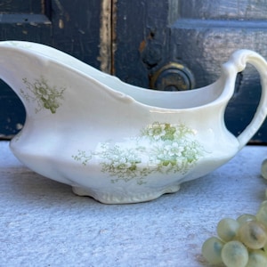 VINTAGE Green Floral ANTIQUE Gravy Boat, White and Green  Limoges, Semi-Virteous Porcelain, 1800s Vintage Kitchen K T M Logo, Made in France