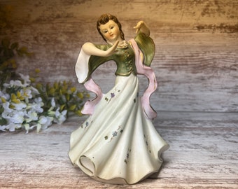 VINTAGE DRESDEN GERMANY Colonial Porcelain Bisque Dancing Princess, Figurine, Vintage Green and Pink Figurine