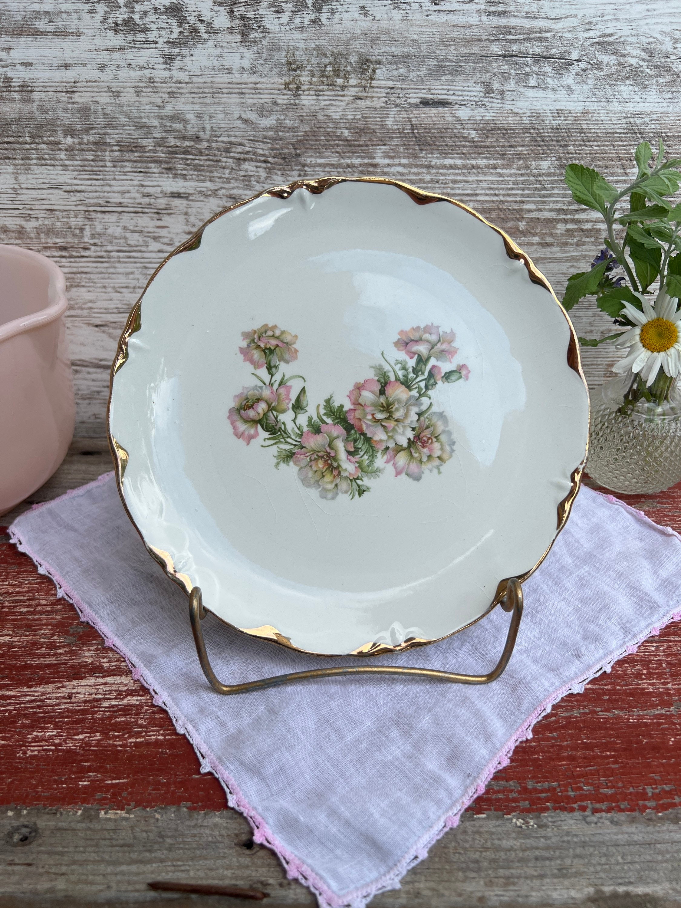 希少なヴィンテージビクトリア朝のプレート、ピンクのカーネーション