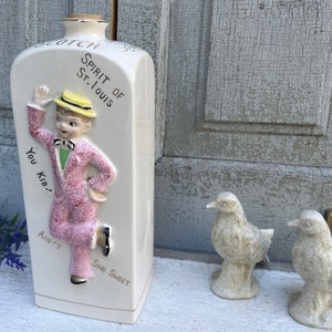 Vintage Pink White Ceramic Liquor Decanter, Spirit of St. Louis, Dancing Man, 1950s 1960s Bar, Scotch Decanter, Barware Collectible, Vase