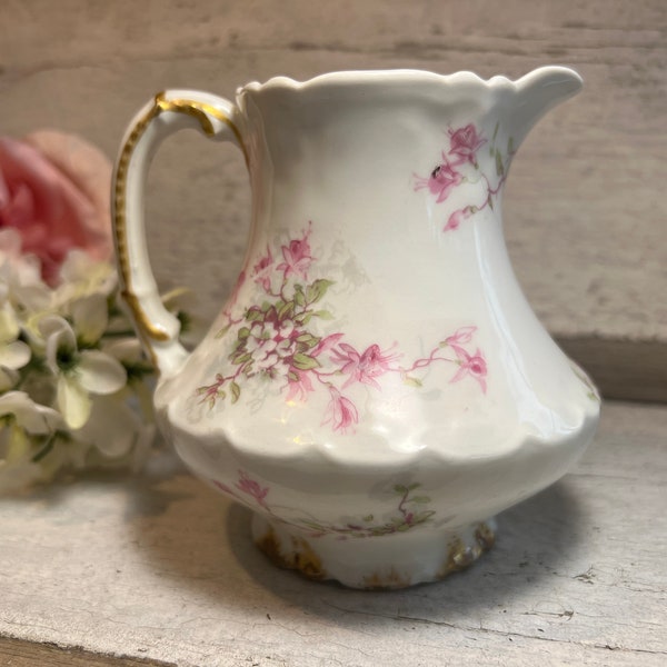 VINTAGE GOA CREAMER, Small Pink and White Potcher, Pitcher Vase, Pink and White Flowers, Gilded Gold, Scalloped Edge