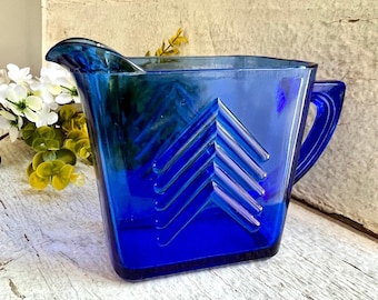 Vintage Blue Glass Pitcher, Cobalt Blue Pitcher, Blue Glass Pitcher Vase