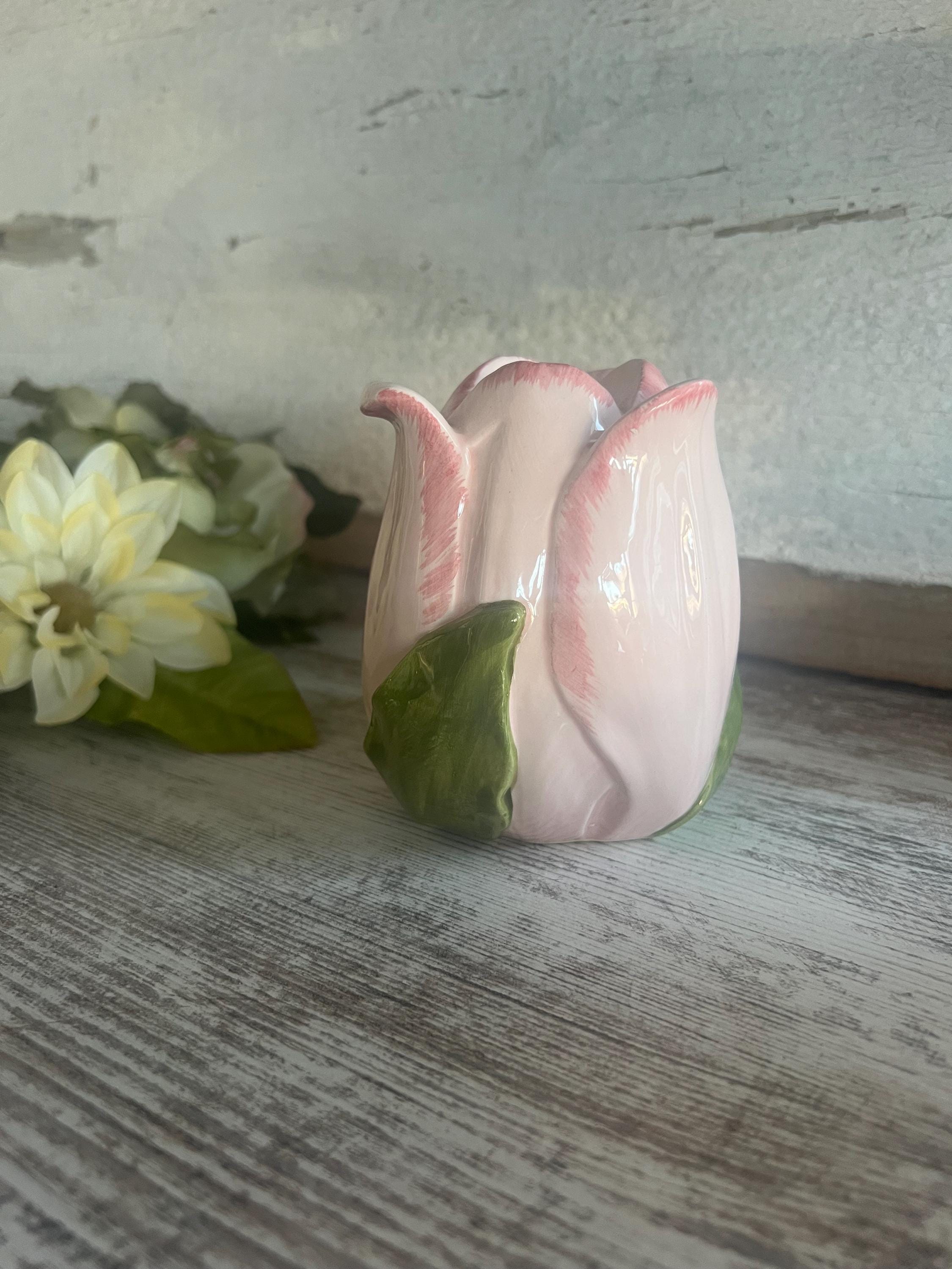 ヴィンテージ ピンク チューリップ 陶器 花瓶、置物、ミッド 