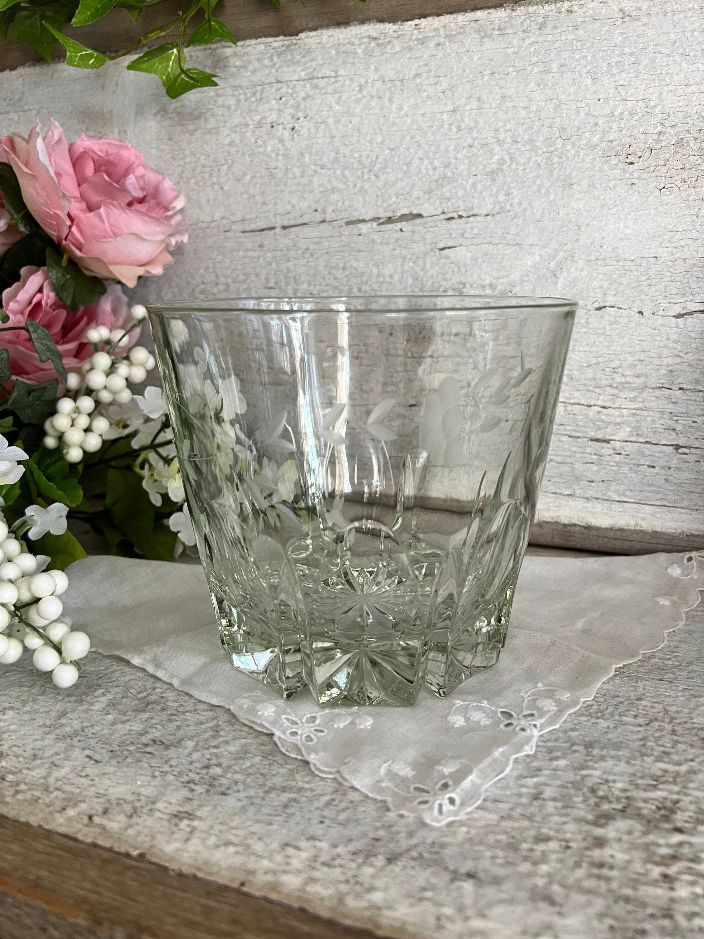 Vintage Crystal Ice Bucket, Etched Glass Flower and Vine