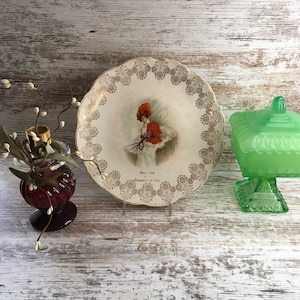 Puede incluir: Un plato de cerámica blanco con un borde dorado y un diseño floral. El plato presenta a una mujer con un vestido rojo y un sombrero montando a caballo. El texto "Souvenir Springville, N.Y." está impreso en el plato.