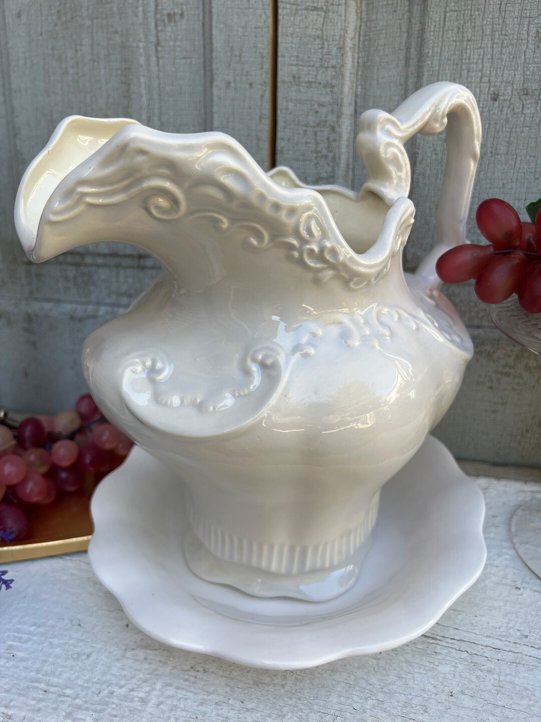 Ceramic Chamber Pot and Wash Basin Large White Pitcher Blue Etsy