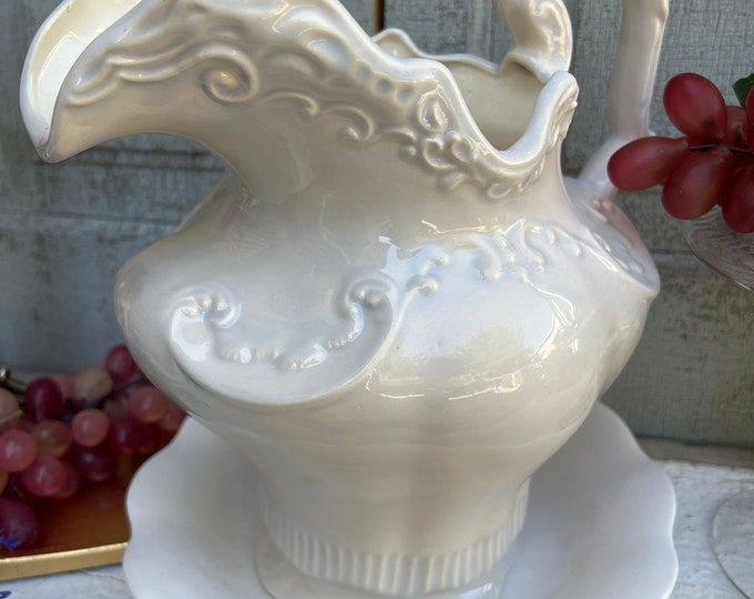 Ceramic Chamber Pot and Wash Basin, Large White Pitcher, Blue and White