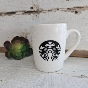 CLASSIC STARBUCKS LOGO White Mug, Coffee Cup, Coffee Mug, 10 ounce Capacity,  Hot Cocoa Mug, White Mermaid Scales, Black Logo, Made in 2020