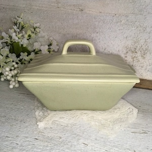 May include: A light green ceramic serving dish with a lid and a handle. The dish has a speckled finish and a rectangular shape.