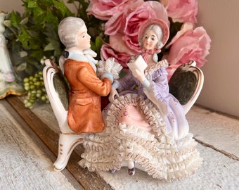 GORGEOUS VINTAGE Victorian Couple, Courting Couple Victorian Figurines on Pedestal, Porcelain Hand Painted Figurines