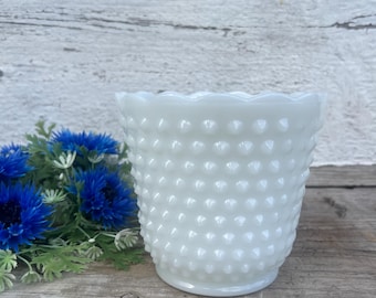 VINTAGE Hobnail Milk Glass Planter, Scallop Edge, White Vase, Milk Glass Planter, Lines Dashes