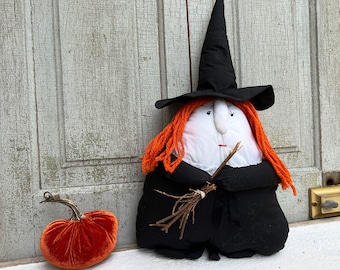 VINTAGE HALLOWEEN Häxa, Svart Häxa, Svart Orange Vit, Brookstick, Halloweendekor, Uppstoppad Svart Häxhatt & Stövlar