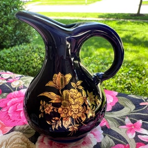 Vintage Blue Creamer, Small Cobalt Blue Pitcher, Blue Ceramic Creamer, Cobalt Blue Mini Pitcher, Gold Flowers