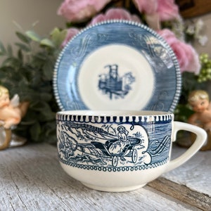 Vintage Currier and Ives  Blue and White Transferware Tea Cup & Saucer, Horse and Carriage Teacup, Each Set Sold Separately