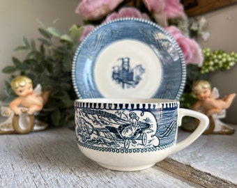 Vintage Currier and Ives  Blue and White Transferware Tea Cup & Saucer, Horse and Carriage Teacup, Each Set Sold Separately