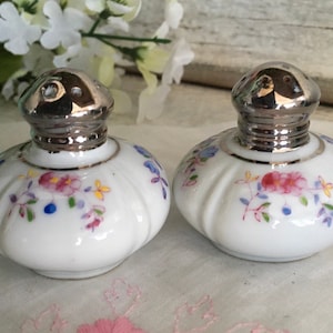 VINTAGE CHINA Salt and Pepper Shakers, White Porcelain Gilted Gold, Pink Blue Flowers, Silver Tops