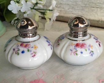 VINTAGE CHINA Salt and Pepper Shakers, White Porcelain Gilted Gold, Pink Blue Flowers, Silver Tops