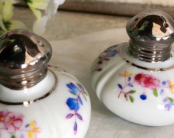 VINTAGE CHINA Salt and Pepper Shakers, White Porcelain Gilted Gold, Pink Blue Flowers, Silver Tops