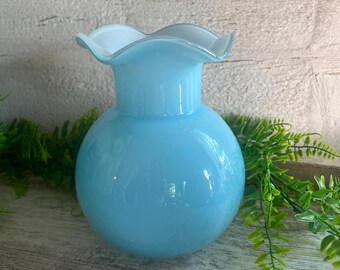Light Blue Glass Vase, Blue Art Glass, Ruffled Edge, Paneled Sides, Elegant Accent Wedding Decor Floral Centerpiece, New Never Used