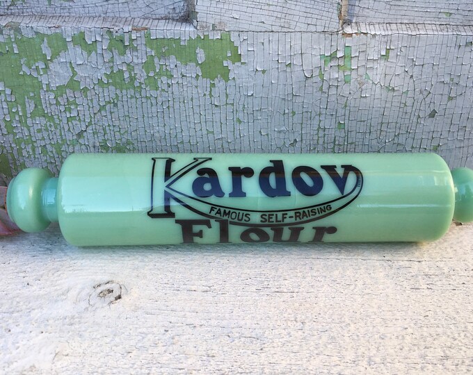 RARE Jadeite Rolling Pin, Green Bakers Pin, KARDOV Ad Rolling Pin