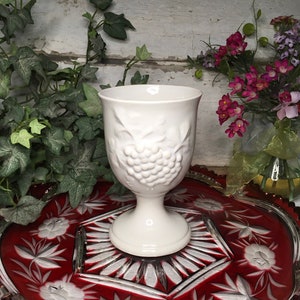 Vintage White Chalice,  Embossed Grape Cluster Ceramic Wine Glass, Mid Century White Ceramic Collectible, White Ceramic Vase