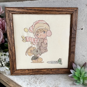 PRECIOUS MOMENTS Tapestry, 1980s Framed Art, Handmade Art, Cross Stitch Framed Art, Winter Skate Scene
