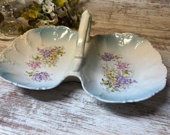 Plato doble vintage de Limoges, servidor de porcelana floral con asa