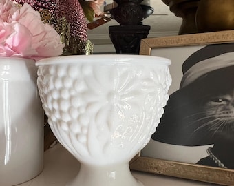 WHITE MILK GLASS Compote Dish with Pedestal, White Candy Dish, White Glass Bowl with Embossed Fruit and Flowers