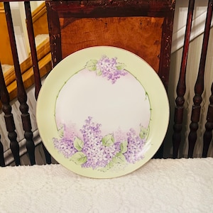 RARE Antique Purple Lilac Plate, Hand Painted Plate, Purple Lilacs and Green Leaves  Plate, Gold Rim Edge