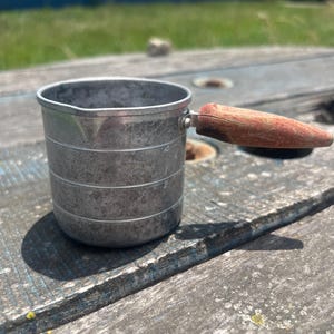 RARE FIND, Vintage Aluminum  Measuring Cup With Side Spout & Wooden Handle