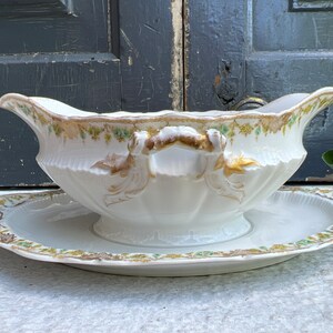 Antique LIMOGE Gravy Boat,  White and Green Floral, Double Handled, Double Spout Saucier, 1800s, THEODORE HAVILAND