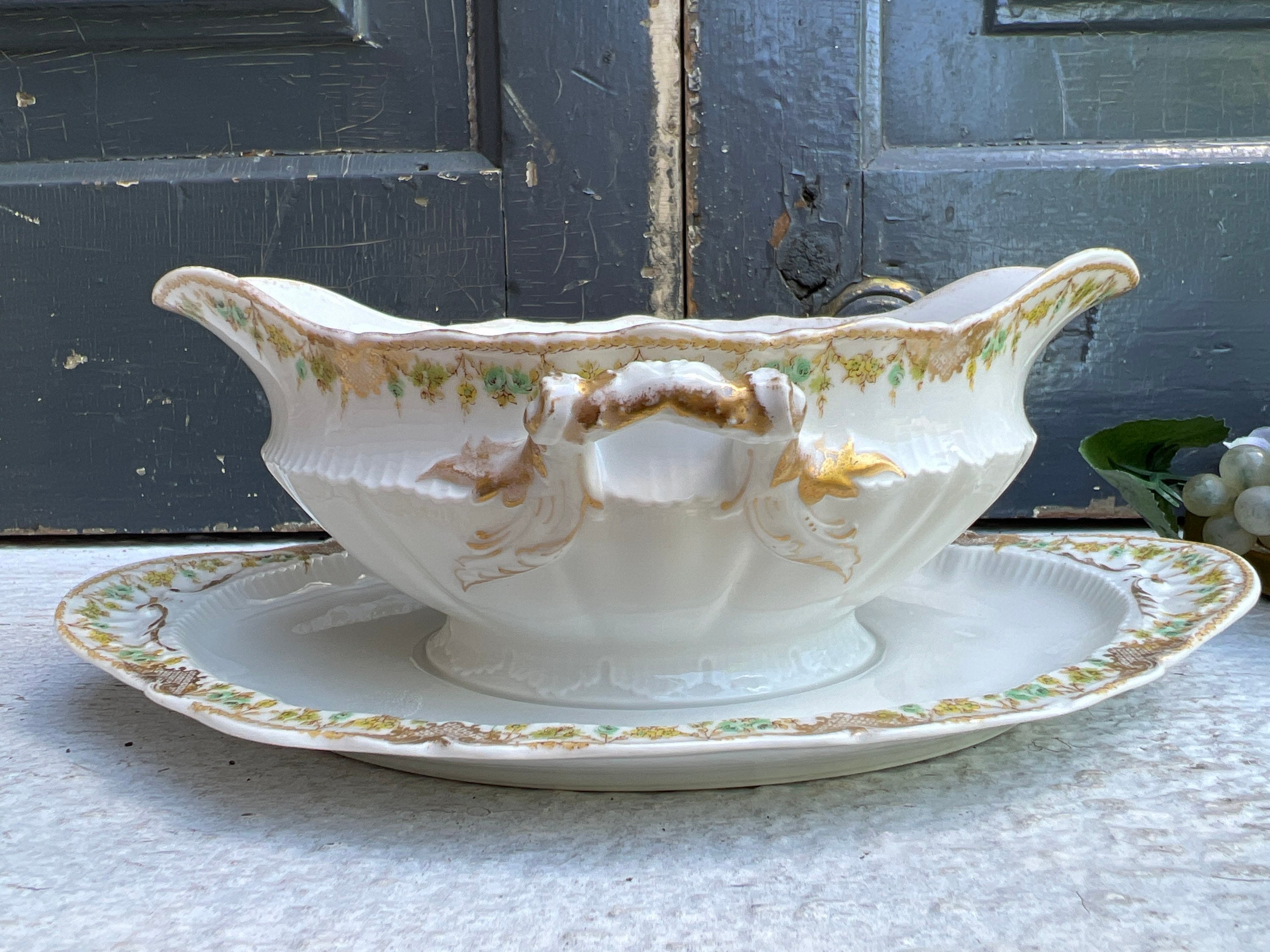 Antique Theodore Haviland Limoges Gravy Boat, White Floral Saucier