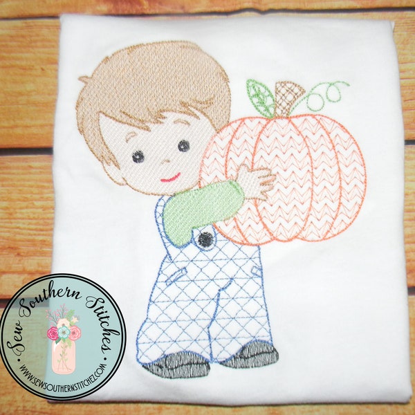 Sketch Fill Boy Holding Motif Pumpkin Embroidery Design ~ Fall Embroidery for Boys ~ Instant Download