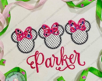 Miss Mouse Head Trio Applique Design ~ Zig Zag and Raggedy Finish ~ Instant Download