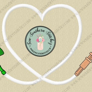 May include: White heart-shaped embroidery design with a green needle and a brown and silver embroidery tool. The design also includes a circle with the text "Sew Southern Stitchez" and the website address "www.sewsouthernstitchez.com".