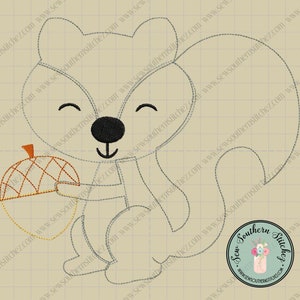 May include: A cartoon squirrel holding a brown acorn with a yellow cap. The squirrel has a black nose and brown eyes. The image is on a beige background with a grid pattern.