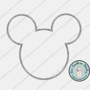May include: Black and white outline of Mickey Mouse's head with a jagged edge. The outline is on a white background.